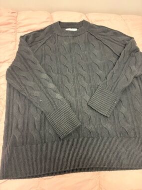 AERIE BLACK Cable-Knit Crewneck Sweater - Jet Black
